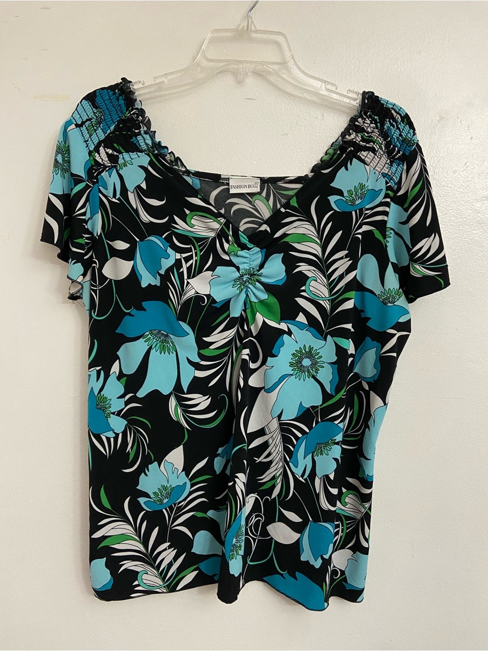 Black V-Neck Top with Aqua & Blue Floral Print, Flutter Sleeve Y2K Size 18/20